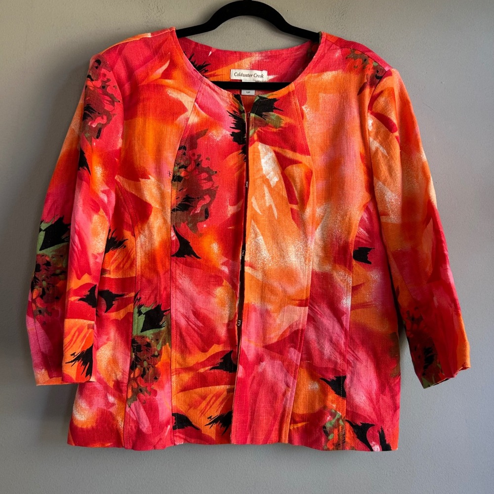 Coldwater Creek Red Orange Floral Linen Cotton Blazer Gold Clasp 12P Petite